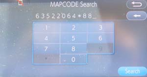 Image of vehicle navigation screen showing use of MapCode